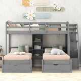 Hearth and Haven Twin over Two Twin Bunk Bed with Staircase and Storage Drawers, Grey GX000324AAE