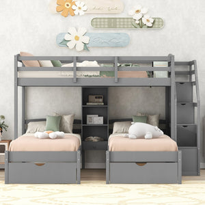 English Elm Twin Triple Bunk Bed With Storage Drawers, Shelving & Staircase - Stylish Gray Pine Design! GX000324AAE-GIGA