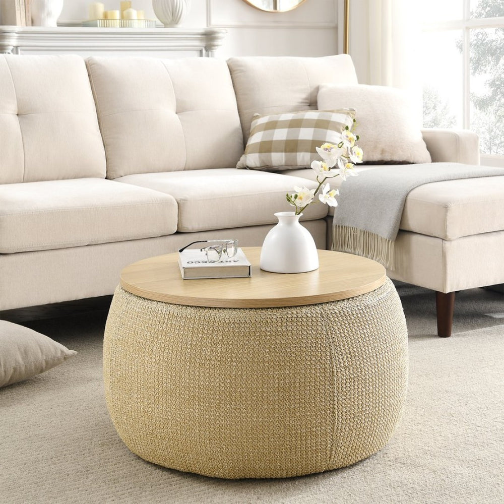 English Elm Round Woven Storage Ottoman with Removable Lid Eucalyptus Frame Footrest Side Table W48762888