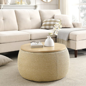 English Elm Round Woven Storage Ottoman with Removable Lid Eucalyptus Frame Footrest Side Table W48762888