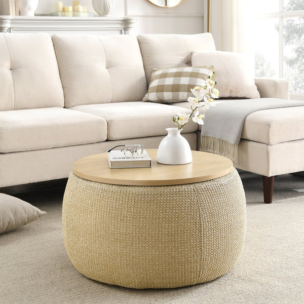 English Elm Round Woven Storage Ottoman with Removable Lid Eucalyptus Frame Footrest Side Table W48762888