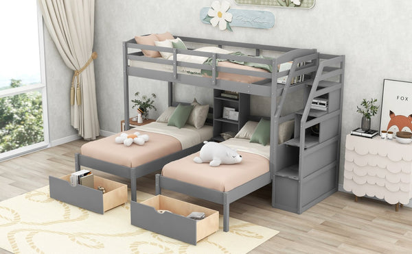 English Elm Twin Triple Bunk Bed With Storage Drawers, Shelving & Staircase - Stylish Gray Pine Design! GX000324AAE-GIGA