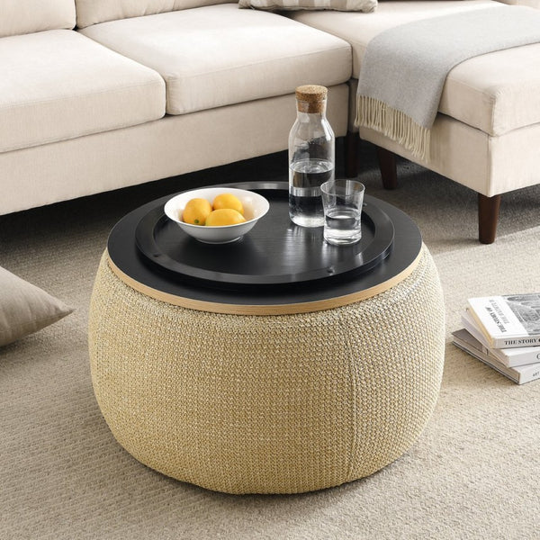 English Elm Round Woven Storage Ottoman with Removable Lid Eucalyptus Frame Footrest Side Table W48762888