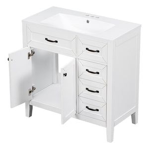 English Elm 36" Freestanding Bathroom Vanity Solid Rubberwood Cabinet with Ceramic Sink and Three Drawers White JL000007AAK-6