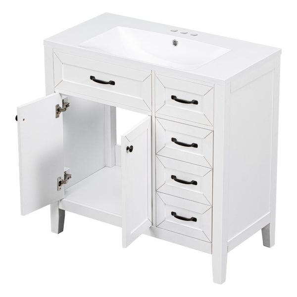 English Elm 36" Freestanding Bathroom Vanity Solid Rubberwood Cabinet with Ceramic Sink and Three Drawers White JL000007AAK-6