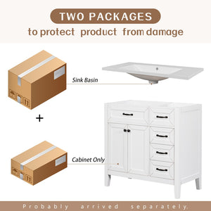 English Elm 36" Freestanding Bathroom Vanity Solid Rubberwood Cabinet with Ceramic Sink and Three Drawers White JL000007AAK-6