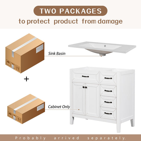 English Elm 36" Freestanding Bathroom Vanity Solid Rubberwood Cabinet with Ceramic Sink and Three Drawers White JL000007AAK-6