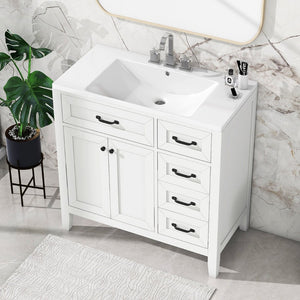 English Elm 36" Freestanding Bathroom Vanity Solid Rubberwood Cabinet with Ceramic Sink and Three Drawers White JL000007AAK-6