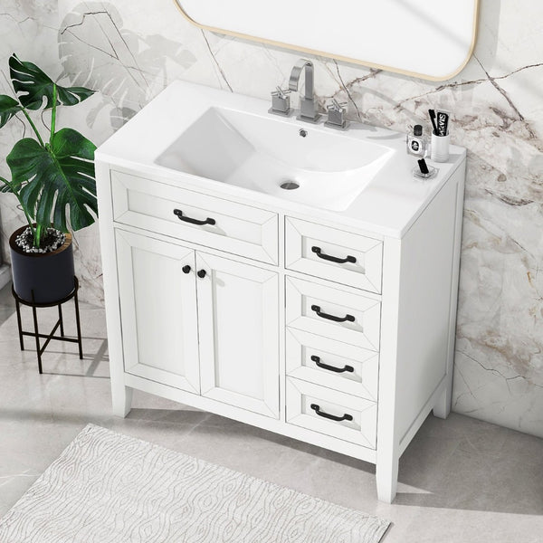 English Elm 36" Freestanding Bathroom Vanity Solid Rubberwood Cabinet with Ceramic Sink and Three Drawers White JL000007AAK-6