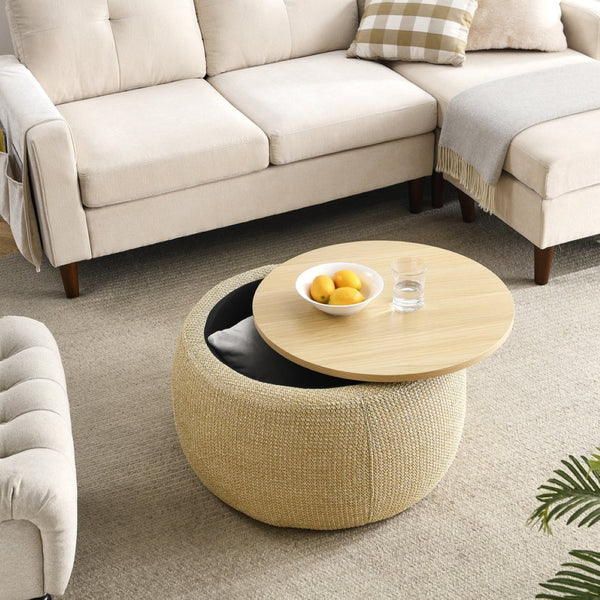 English Elm Round Woven Storage Ottoman with Removable Lid Eucalyptus Frame Footrest Side Table W48762888