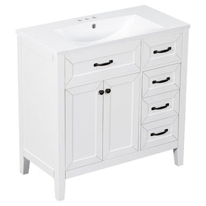 English Elm 36" Freestanding Bathroom Vanity Solid Rubberwood Cabinet with Ceramic Sink and Three Drawers White JL000007AAK-6