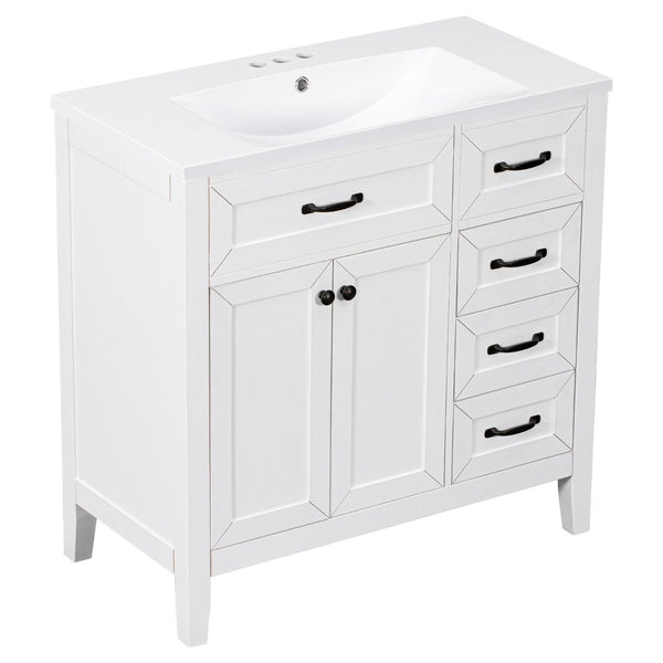 English Elm 36" Freestanding Bathroom Vanity Solid Rubberwood Cabinet with Ceramic Sink and Three Drawers White JL000007AAK-6