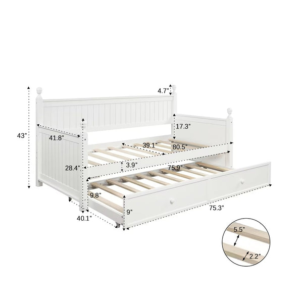English Elm Twin Pine Wood Daybed with Pull Out Trundle Slatted Classic Guest Room Frame WF295566AAK