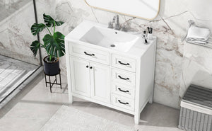 English Elm 36" Freestanding Bathroom Vanity Solid Rubberwood Cabinet with Ceramic Sink and Three Drawers White JL000007AAK-6