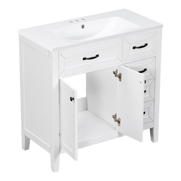 English Elm 36" Freestanding Bathroom Vanity Solid Rubberwood Cabinet with Ceramic Sink and Three Drawers White JL000007AAK-6