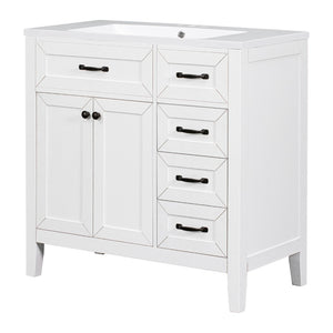 English Elm 36" Freestanding Bathroom Vanity Solid Rubberwood Cabinet with Ceramic Sink and Three Drawers White JL000007AAK-6