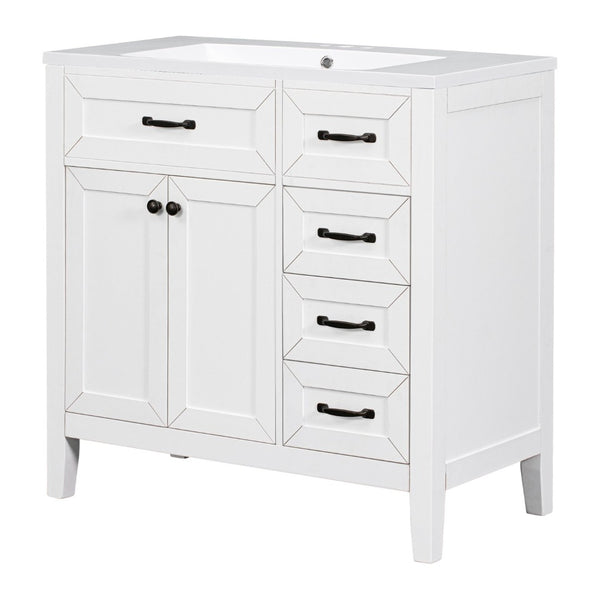 English Elm 36" Freestanding Bathroom Vanity Solid Rubberwood Cabinet with Ceramic Sink and Three Drawers White JL000007AAK-6