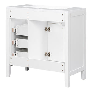 English Elm 36" Freestanding Bathroom Vanity Solid Rubberwood Cabinet with Ceramic Sink and Three Drawers White JL000007AAK-6