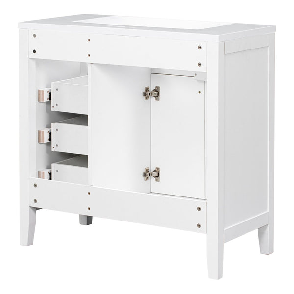 English Elm 36" Freestanding Bathroom Vanity Solid Rubberwood Cabinet with Ceramic Sink and Three Drawers White JL000007AAK-6