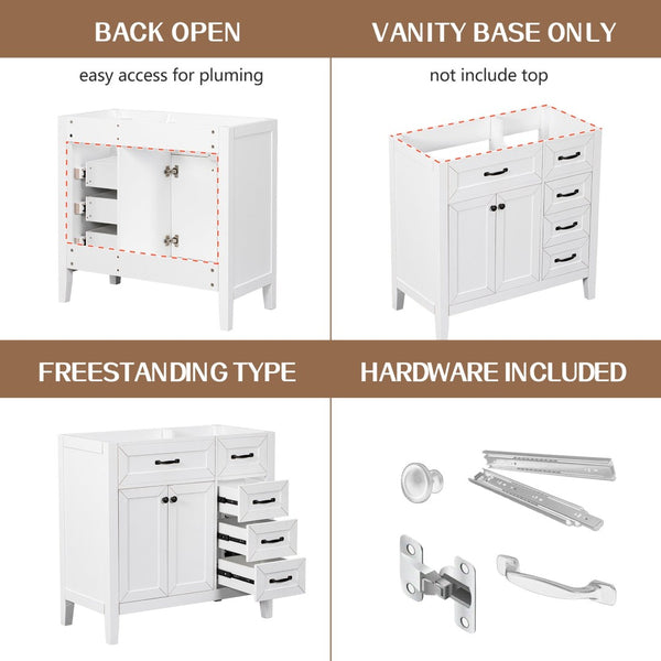 English Elm 36" Matte Bathroom Vanity Base Cabinet with Drawers Rubberwood Frame Modern Storage White WF296707AAK