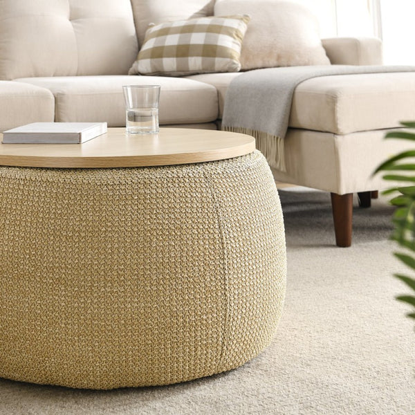 English Elm Round Woven Storage Ottoman with Removable Lid Eucalyptus Frame Footrest Side Table W48762888
