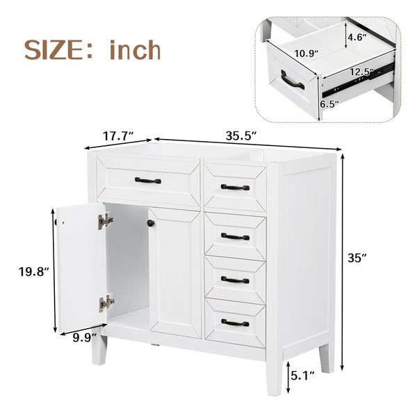 English Elm 36" Matte Bathroom Vanity Base Cabinet with Drawers Rubberwood Frame Modern Storage White WF296707AAK