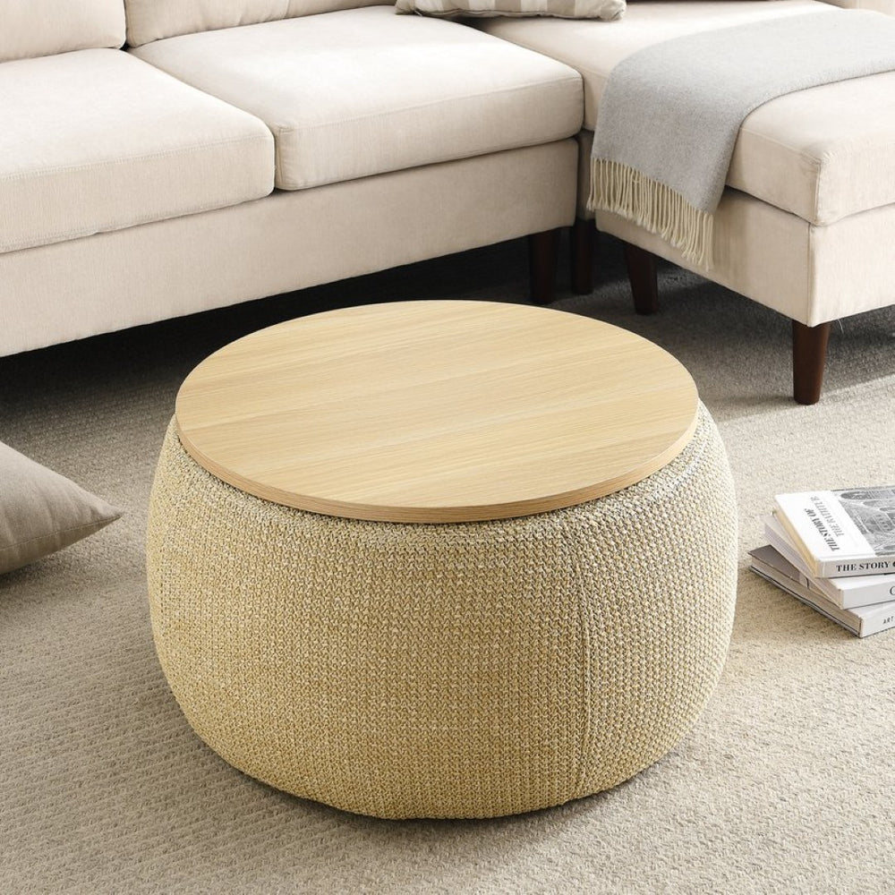English Elm Round Woven Storage Ottoman with Removable Lid Eucalyptus Frame Footrest Side Table W48762888