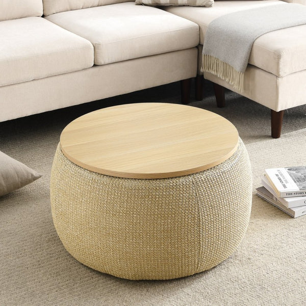 English Elm Round Woven Storage Ottoman with Removable Lid Eucalyptus Frame Footrest Side Table W48762888