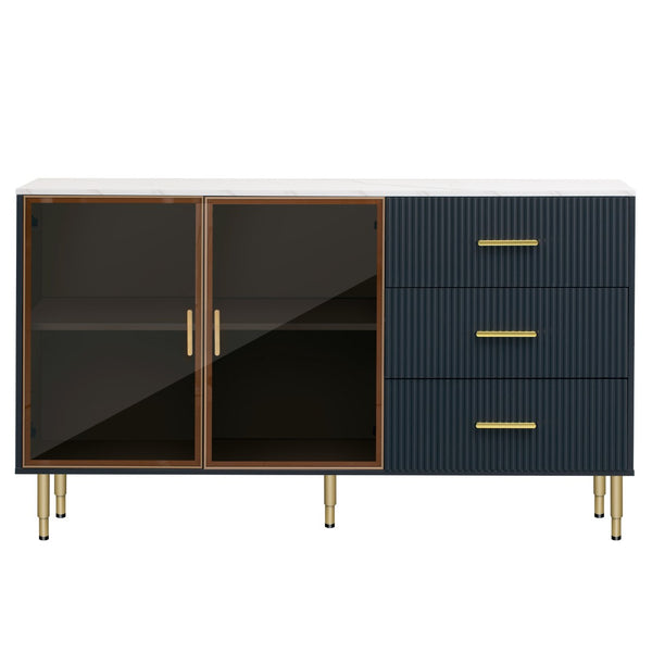 English Elm Trexm Glam Buffet Cabinet Gold Legs Amber Glass Doors Marble Top Dining Storage XW000010AAM