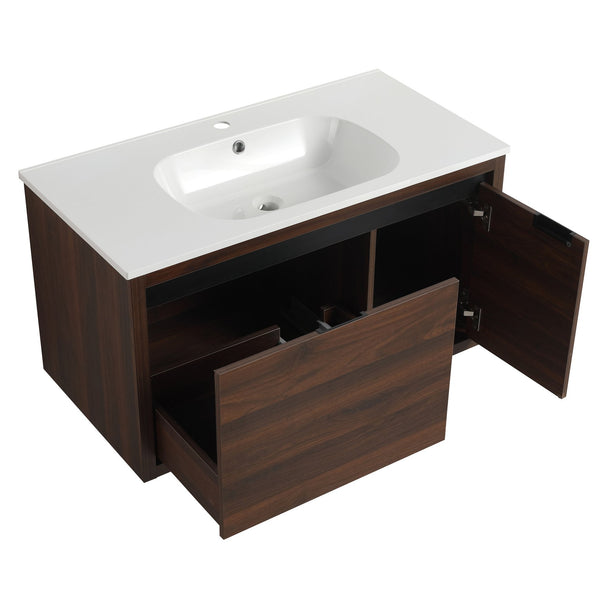 English Elm 36 Inch Floating Bathroom Vanity with Gel Basin, Soft-Close Doors & Drawers, Water-Resistant Plywood W99968127