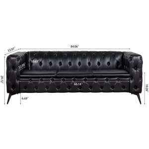 English Elm 84.06 Inch Tufted Pu Leather Three Seat Sofa with Sled Iron Legs for Living Room W68041369