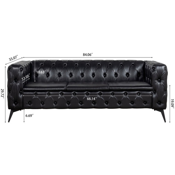 English Elm 84.06 Inch Tufted Pu Leather Three Seat Sofa with Sled Iron Legs for Living Room W68041369