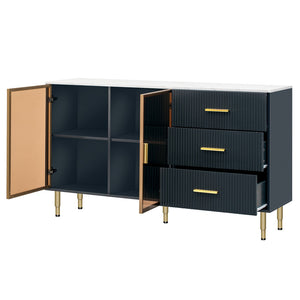 English Elm Trexm Glam Buffet Cabinet Gold Legs Amber Glass Doors Marble Top Dining Storage XW000010AAM