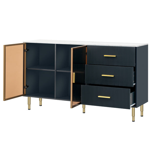 English Elm Trexm Glam Buffet Cabinet Gold Legs Amber Glass Doors Marble Top Dining Storage XW000010AAM