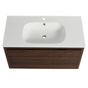 English Elm 36 Inch Floating Bathroom Vanity with Gel Basin, Soft-Close Doors & Drawers, Water-Resistant Plywood W99968127