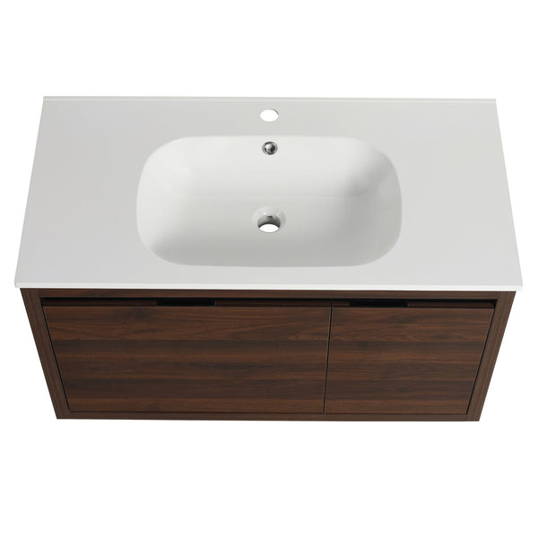 English Elm 36 Inch Floating Bathroom Vanity with Gel Basin, Soft-Close Doors & Drawers, Water-Resistant Plywood W99968127