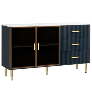 English Elm Trexm Glam Buffet Cabinet Gold Legs Amber Glass Doors Marble Top Dining Storage XW000010AAM