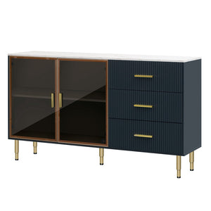 English Elm Trexm Glam Buffet Cabinet Gold Legs Amber Glass Doors Marble Top Dining Storage XW000010AAM
