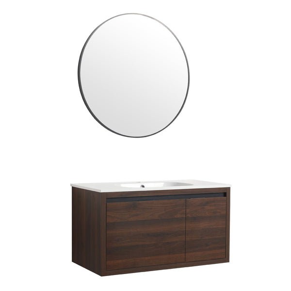 English Elm 36 Inch Floating Bathroom Vanity with Gel Basin, Soft-Close Doors & Drawers, Water-Resistant Plywood W99968127