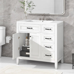 English Elm 36" Freestanding Bathroom Vanity Solid Rubberwood Cabinet with Ceramic Sink and Three Drawers White JL000007AAK-6