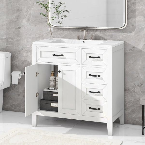 English Elm 36" Freestanding Bathroom Vanity Solid Rubberwood Cabinet with Ceramic Sink and Three Drawers White JL000007AAK-6