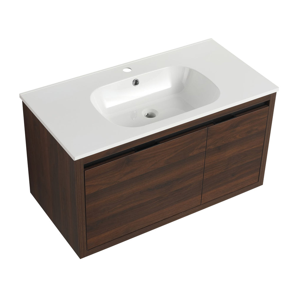 English Elm 36 Inch Floating Bathroom Vanity with Gel Basin, Soft-Close Doors & Drawers, Water-Resistant Plywood W99968127