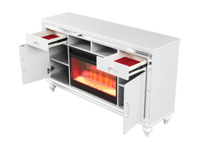 English Elm TV Stand With Electric Fireplace White Solid Wood for TVs up to 70", Remote Flame & Heater (61") B00969706