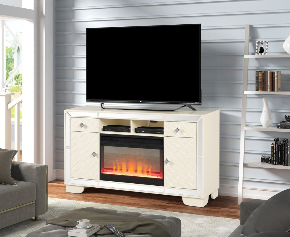 English Elm Tv Stand With Electric Fireplace - Cozy Beige Media Console For 70" Tvs, Storage & Led Flame Effects B00969710-GIGA