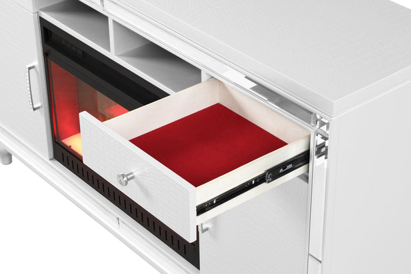 English Elm TV Stand With Electric Fireplace White Solid Wood for TVs up to 70", Remote Flame & Heater (61") B00969706