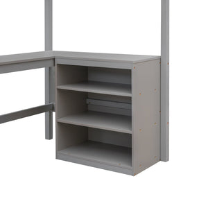English Elm Twin Loft Bed with Desk and Shelves Solid Pine Kids Bedroom Space Saving Design Gray LT001537AAE