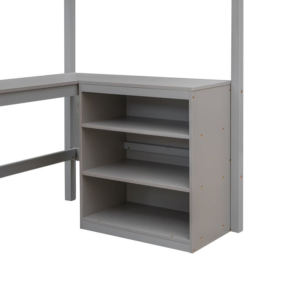 English Elm Twin Loft Bed with Desk and Shelves Solid Pine Kids Bedroom Space Saving Design Gray LT001537AAE