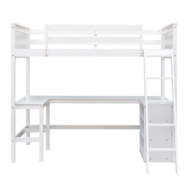 English Elm Twin Loft Bed with Desk and Shelves Solid Pine Kids Bedroom Space Saving Design White LT001537AAK