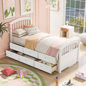 English Elm Twin Solid Pine Storage Bed with Six Built-in Drawers for Kids or Guest Rooms SG000121AAK