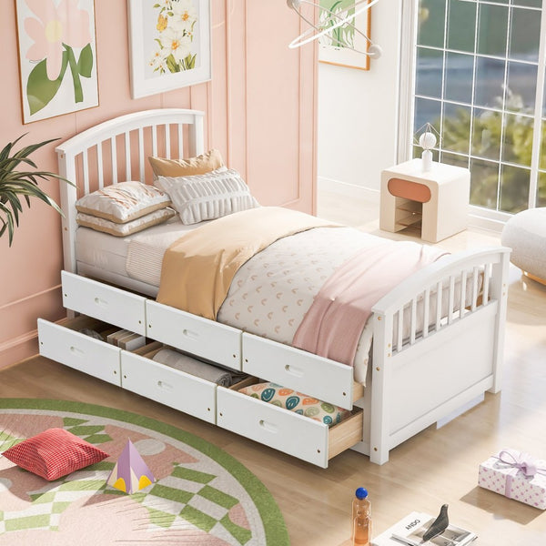English Elm Twin Solid Pine Storage Bed with Six Built-in Drawers for Kids or Guest Rooms SG000121AAK